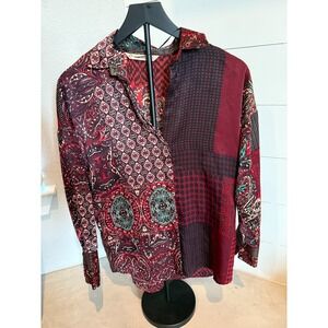Zara Basic Patchwork Print Button-Up Blouse Long‎ Sleeve Boho Festival Top Sz XS